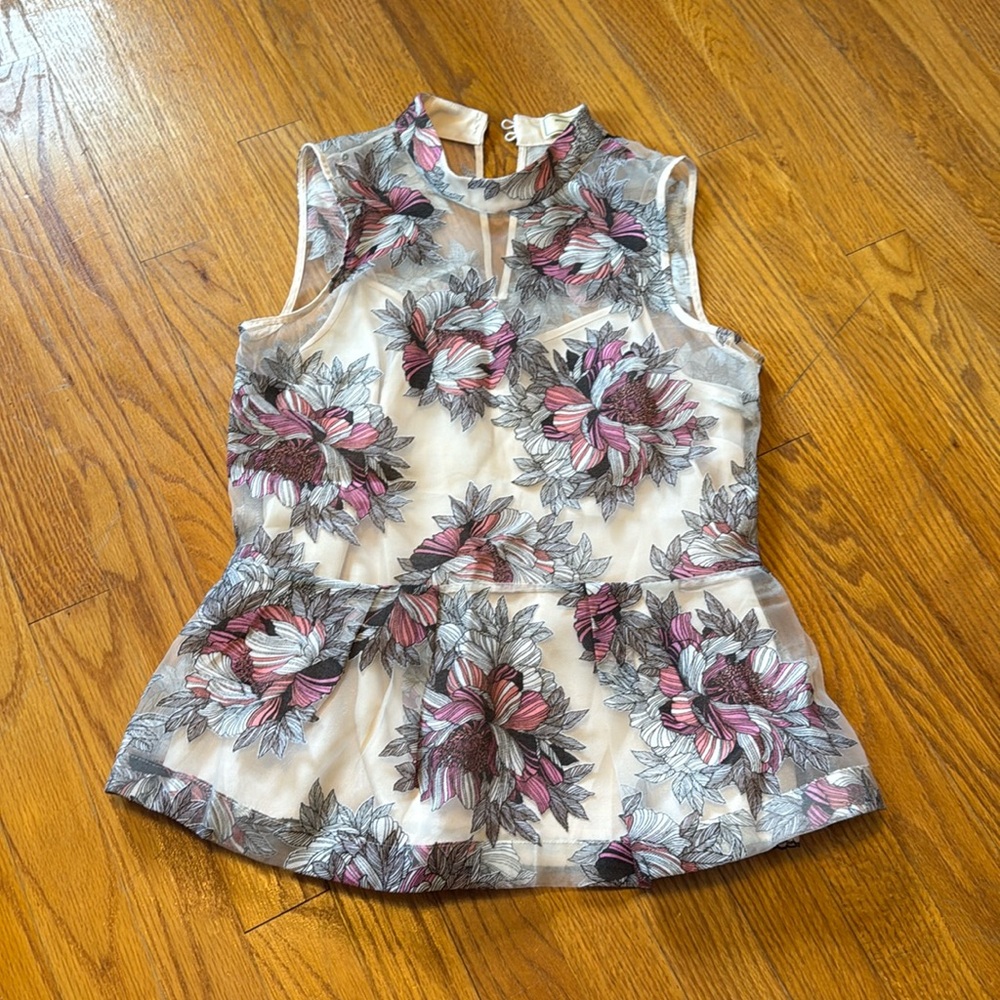 Anthro Moulinette Soeurs Floral Cream Pink Sleeveless Top Peplum Blouse Size 0